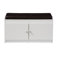 Baxton Studio SR-001-White Margaret White Wood 2-Door Shoe Cabinet with Faux Leather Seating Bench